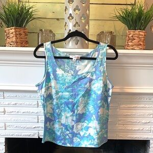 ST. JOHN Vintage Bold Floral Print Blue Silk Scoop Neck Tank Top Designer M